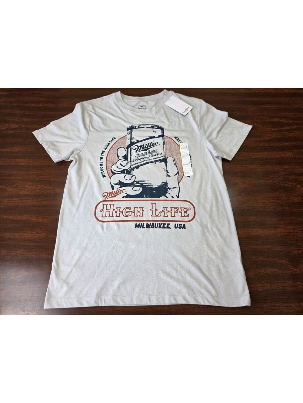 NWT Miller High Life Beer Graphic T Shirt Vintage Style Logo Cream Gray Small